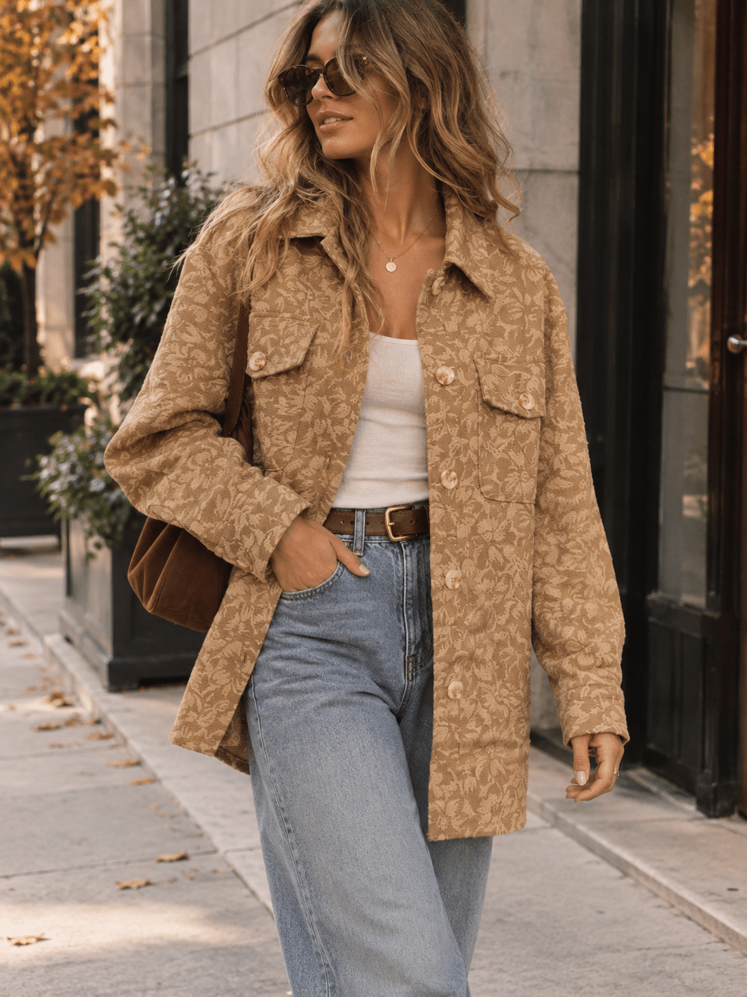 WOMEN'S LONG SLEEVE BUTTON UP FRONT POCKETS FLOWERS JACKET