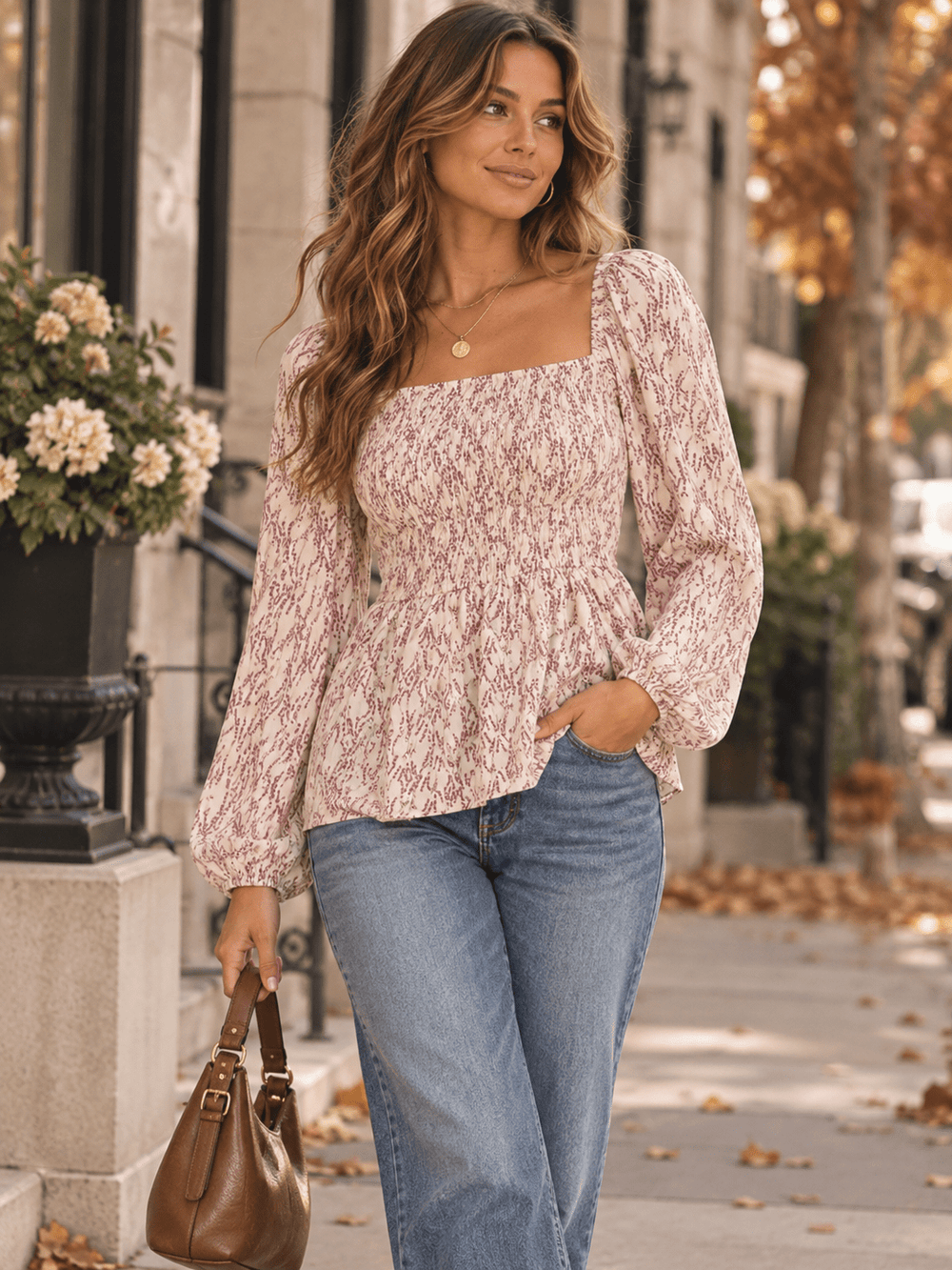 WOMEN'S LONG SLEEVE SQUARE NECK SMOCK FLORAL PRINT PEPLUM BLOUSE