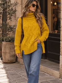 WOMEN'S LONG SLEEVE TURTLE NECK CABLE KNIT PULLOVER SWEATER