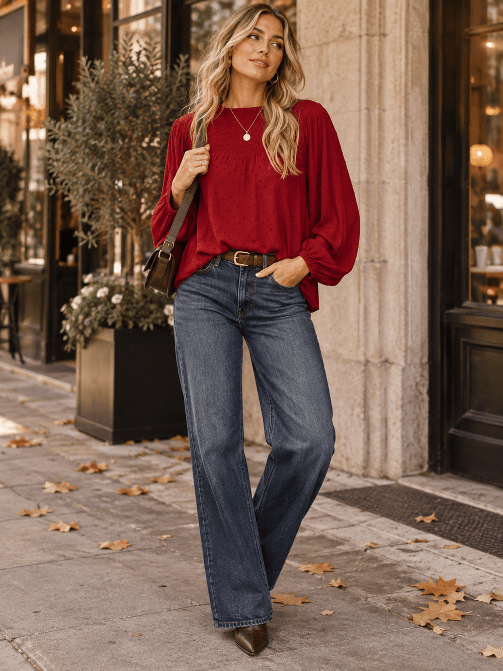 WOMEN'S LONG SLEEVE SWISS DETAILED BLOUSE