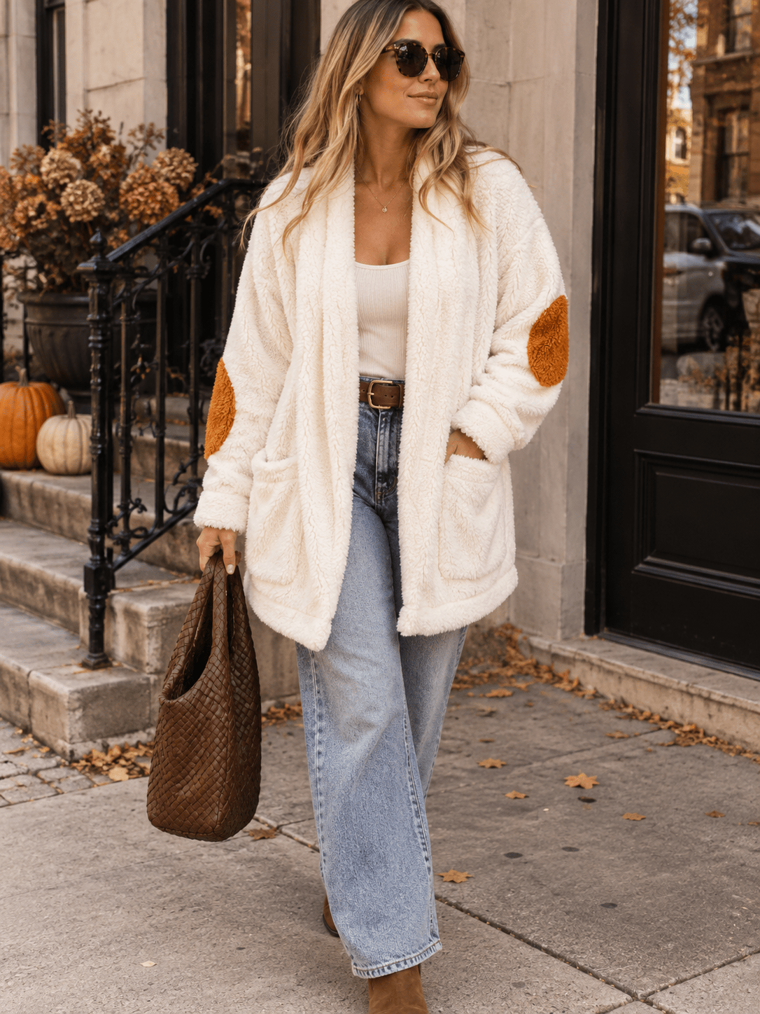 WOMEN'S LONG SLEEVE OPEN FRONT POCKETS SHERPA CARDIGAN