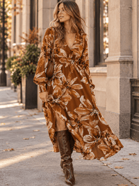 WOMEN'S LONG SLEEVE V-NECK SMOCK WAIST FLORAL MAXI DRESS