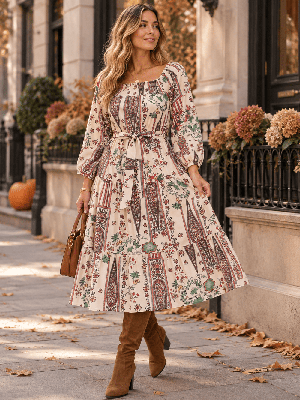 WOMEN'S LONG SLEEVE ELASTIC WAIST SELF TIE PRINTED MIDI DRESS