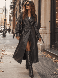 WOMEN'S LONG SLEEVE BUTTON CLOSURE BELTED PU PLEATHER EYELET DETAILED COAT