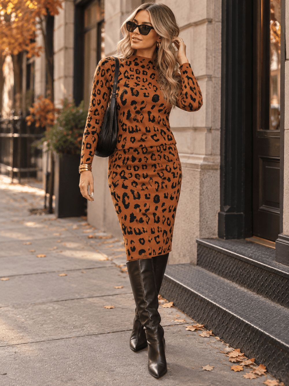 WOMEN'S LONG SLEEVE MOCK NECK BLOUSE & ELASTIC WAIST MIDI SKIRT ANIMAL PRINT 2PC. SET