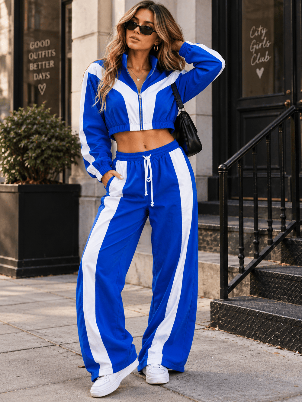 WOMEN'S LONG SLEEVE CROP JACKET & ELASTIC WAIST PANTS COLORBLOCK 2PC. SET