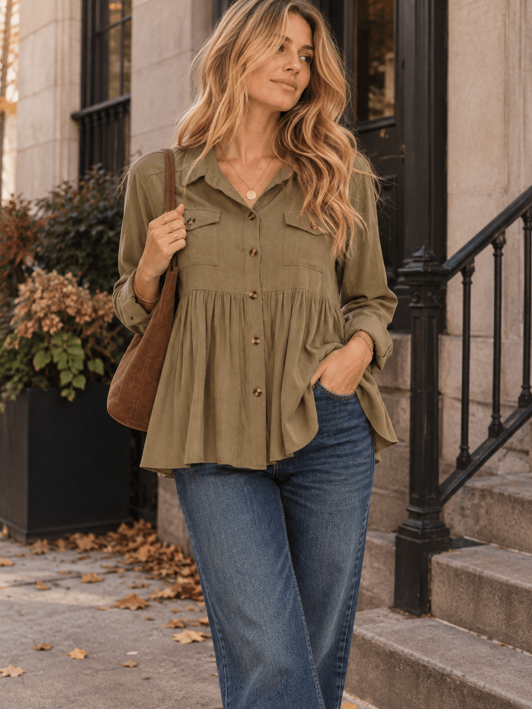 WOMEN'S LONG SLEEVE BUTTON UP FRONT POCKETS TUNIC BLOUSE