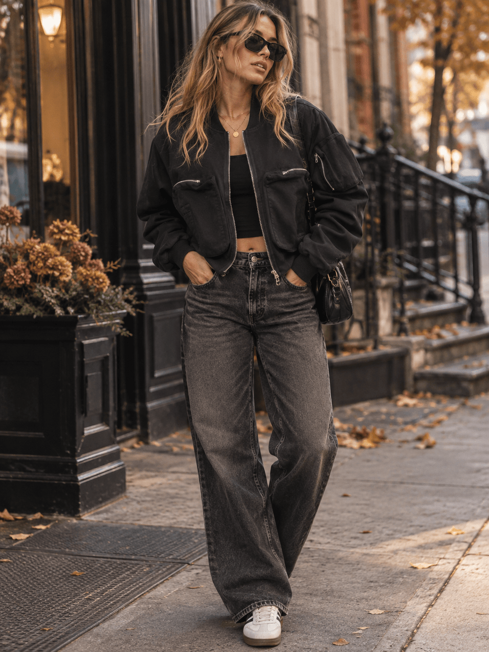 WOMEN'S LONG SLEEVE ZIPPER CLOSURE FRONT POCKETS BOMBER JACKET