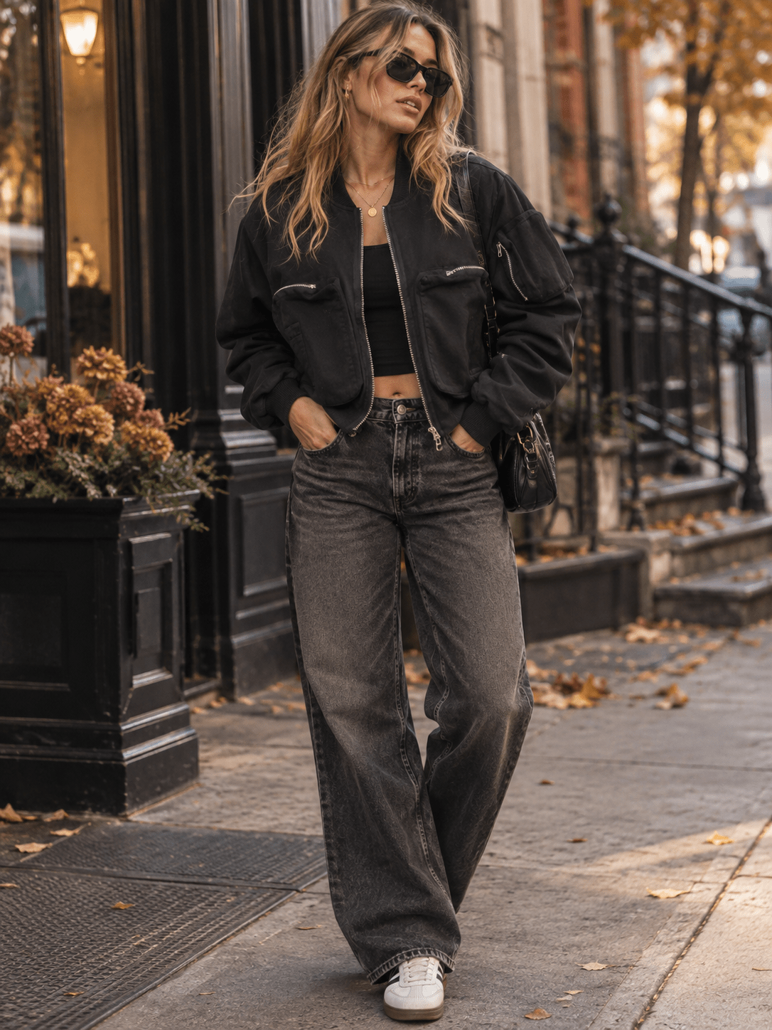 WOMEN'S LONG SLEEVE ZIPPER CLOSURE FRONT POCKETS BOMBER JACKET