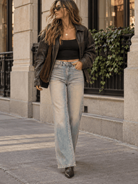 WOMEN'S BUTTON CLOSURE STRAIGHT LEG VINTAGE WASHED DENIM PANTS