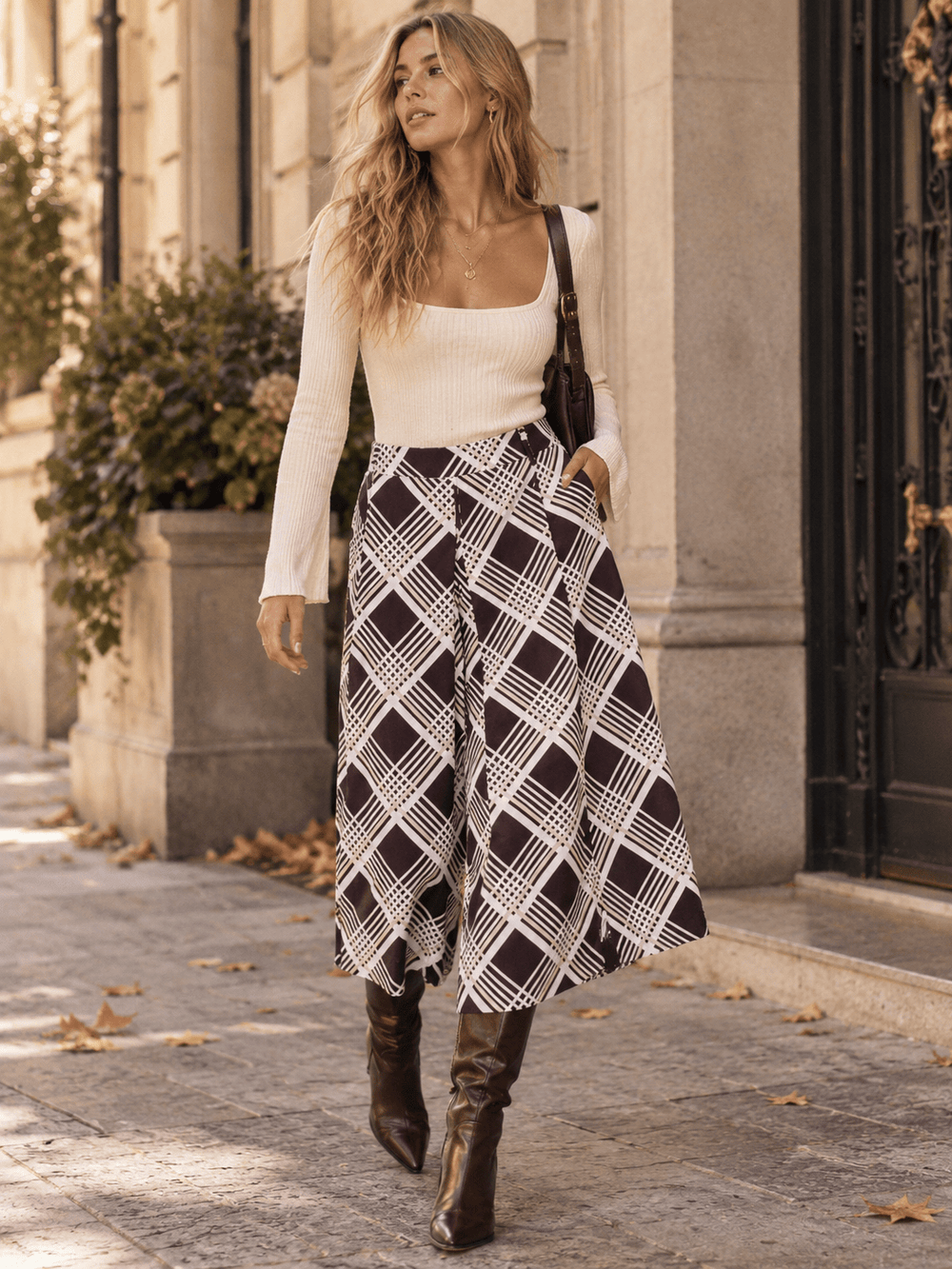 WOMEN'S ZIPPER CLOSURE PRINT WIDE LEG CAPRI PLEATED PANTS