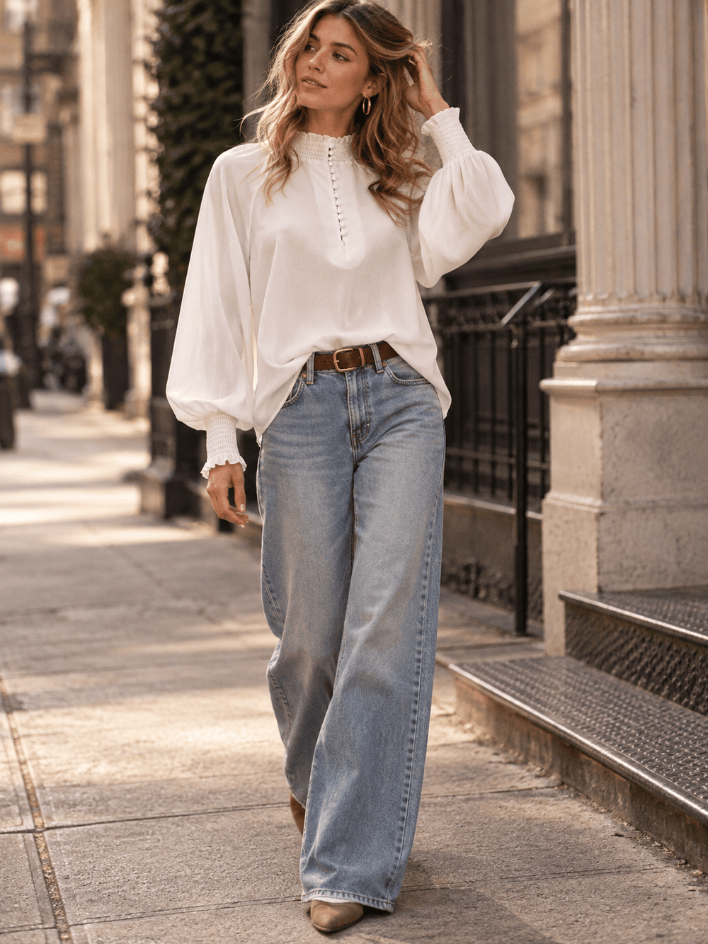 WOMEN'S LONG SLEEVES MOCK NECK BUTTON UP BLOUSE
