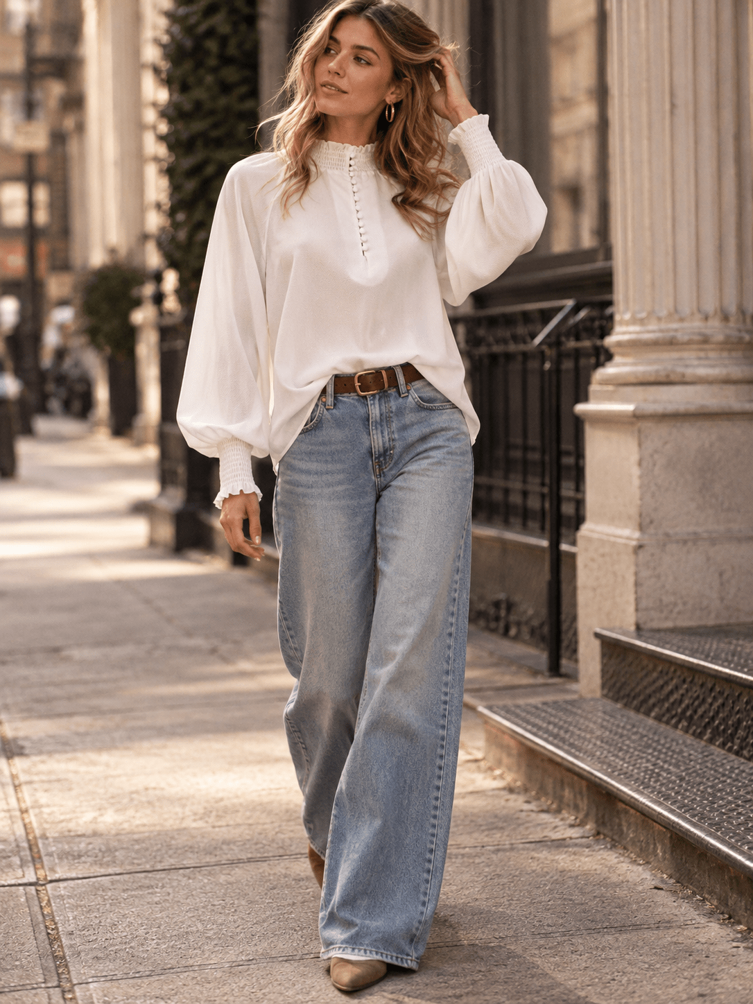 WOMEN'S LONG SLEEVES MOCK NECK BUTTON UP BLOUSE