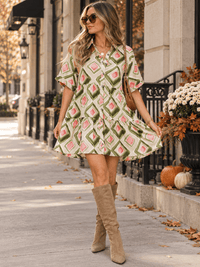 ENTRO WOMEN'S SHORT SLEEVE BUTTON UP MULTI PRINT TUNIC MINI DRESS