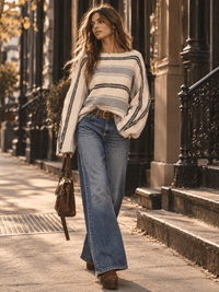 WOMEN'S LONG SLEEVE COLORBLOCK STRIPES PULLOVER KNIT SWEATER