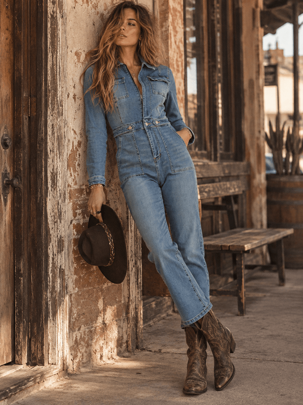 WOMEN'S LONG SLEEVE BUTTON UP POCKETS WASHED STRETCH DENIM SKINNY LEG JUMPSUIT