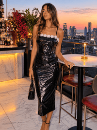 JUST ME WOMEN'S SLEEVELESS FLOWER NECKLINE SEQUINS BODYCON MAXI DRESS