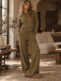 WOMEN'S LONG SLEEVE HOODED SWEATER & ELASTIC WAIST POCKETS WIDE LEG PANTS CABLE KNIT 2PC. SET
