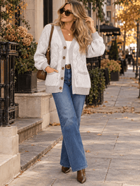 WOMEN'S LONG SLEEVE V-NECK BUTTON UP COLORBLOCK FRONT POCKETS DETAILED CARDIGAN