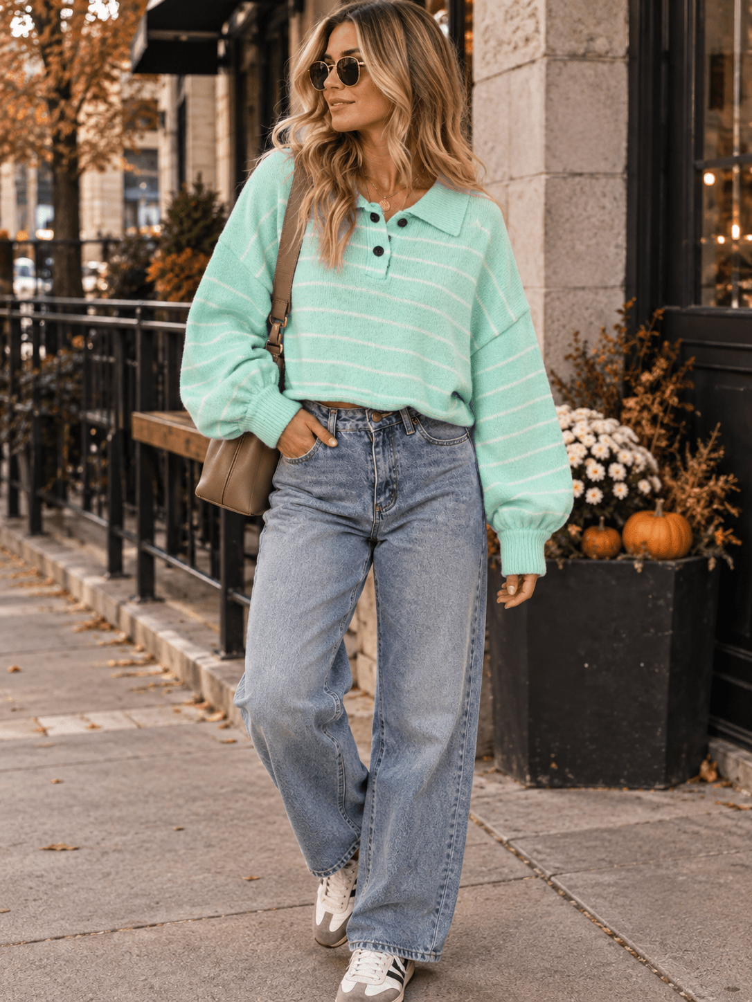WOMEN'S LONG SLEEVE BUTTON CLOSURE COLORBLOCK STRIPES PULLOVER SWEATER