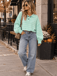 WOMEN'S LONG SLEEVE BUTTON CLOSURE COLORBLOCK STRIPES PULLOVER SWEATER