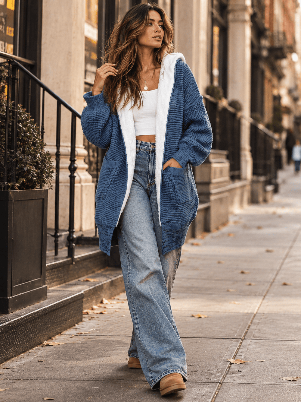 WOMEN'S LONG SLEEVE OPEN FRONT POCKETS HOODED SHERPA KNIT CARDIGAN