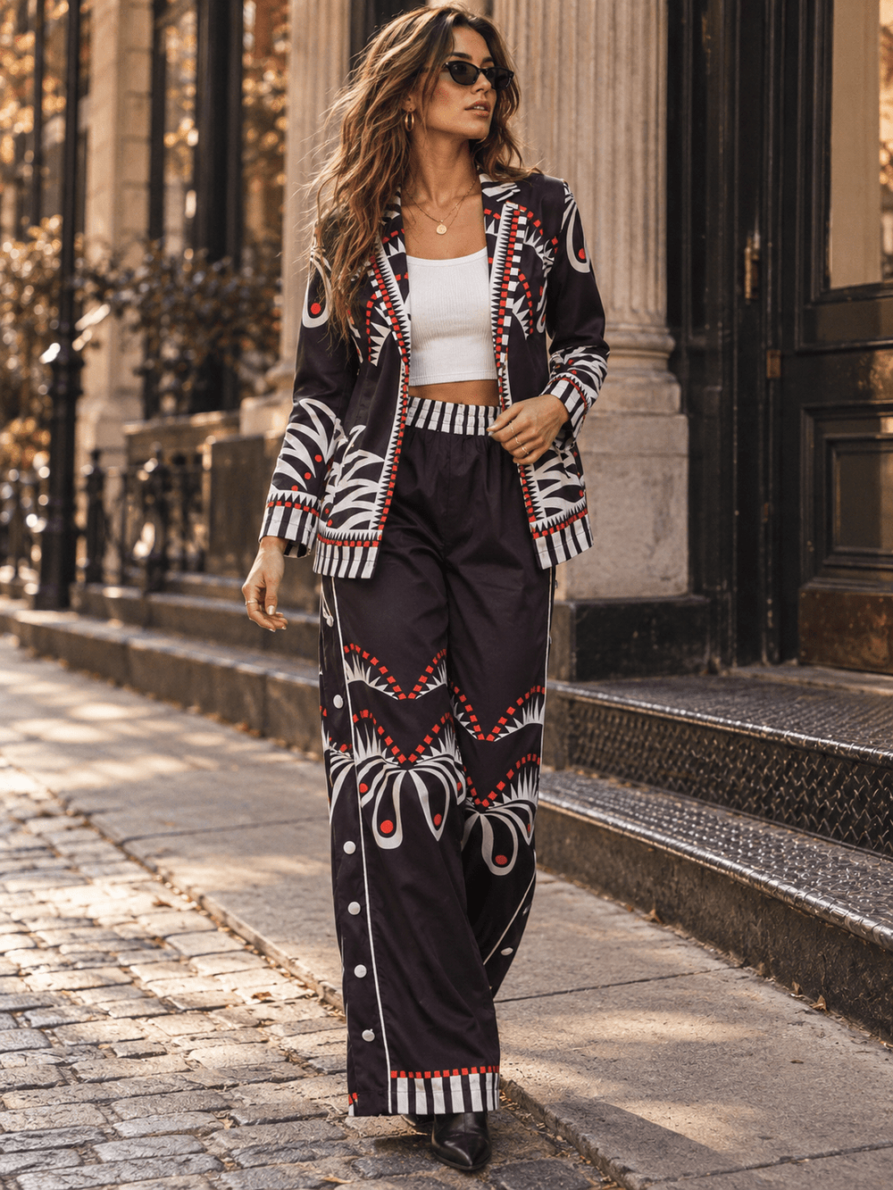 HALFHEART WOMEN'S LONG SLEEVE OPEN FRONT BLAZER & ELASTIC WAIST WIDE LEG PANTS MULTI PRINT 2PC. SET