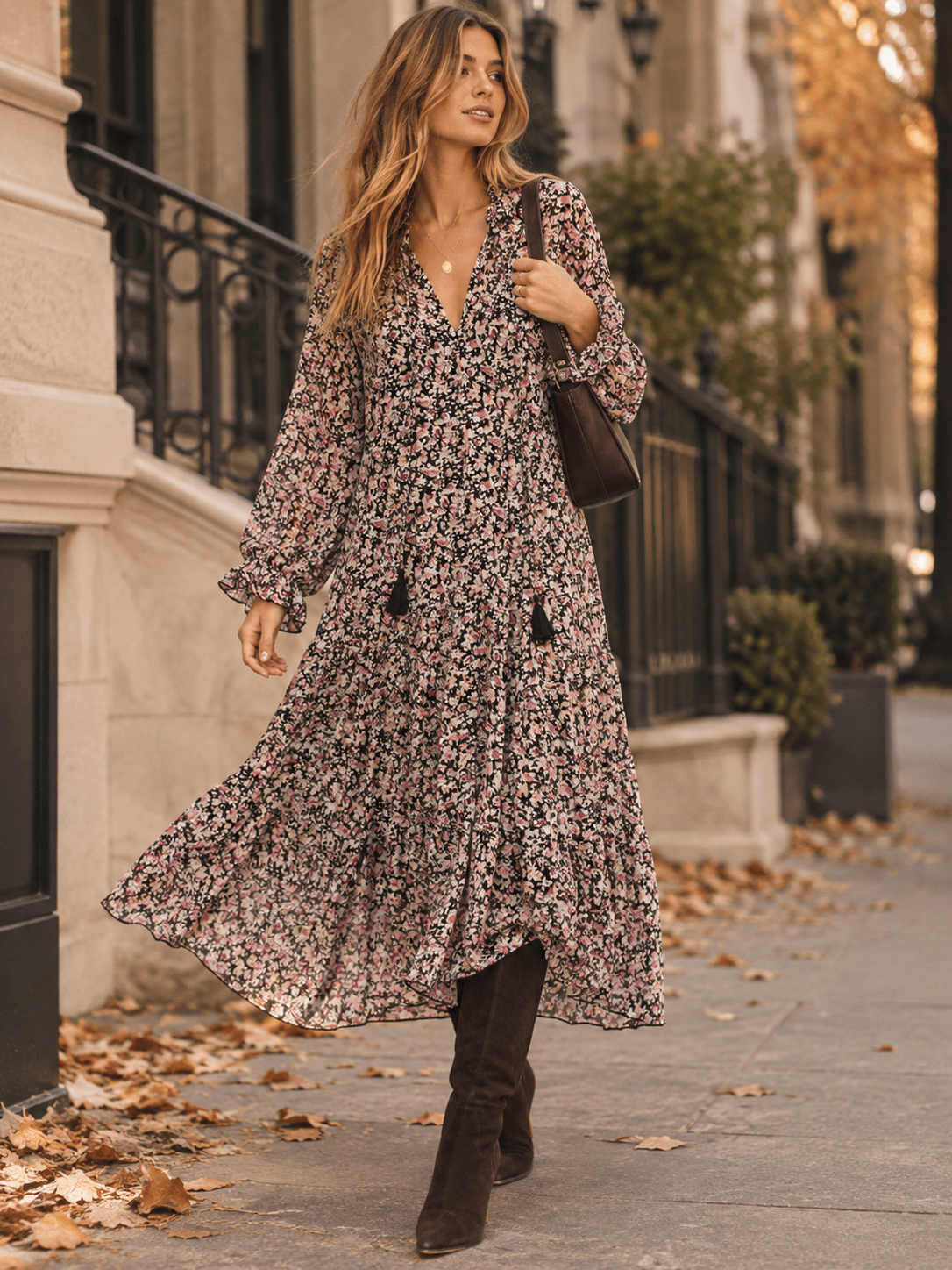 WOMEN'S LONG SLEEVE V-NECK FLORAL LOOSE FIT MAXI DRESS