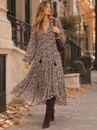 WOMEN'S LONG SLEEVE V-NECK FLORAL LOOSE FIT MAXI DRESS