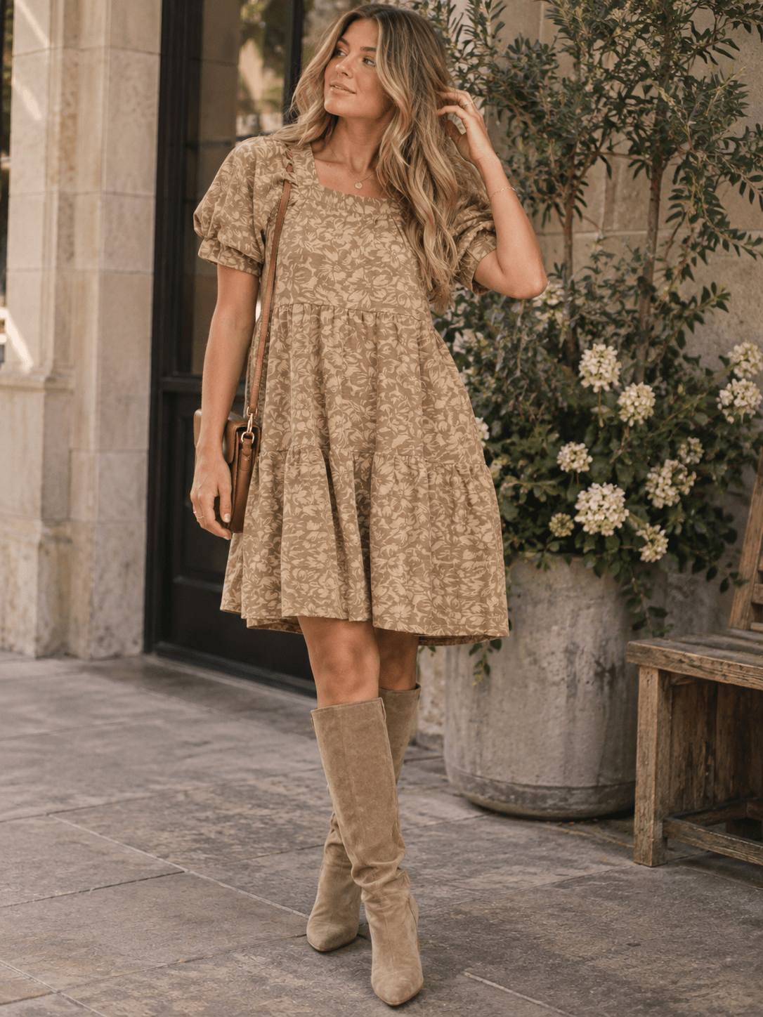 WOMEN'S SHORT PUFF SLEEVE FRONT POCKETS TUNIC TIERED DETAILED MINI DRESS