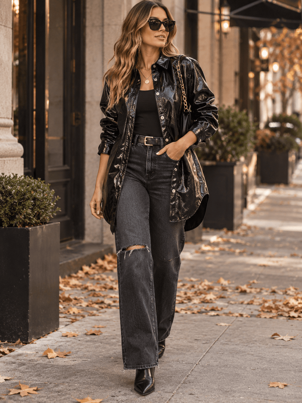 WOMEN'S LONG SLEEVES BUTTON CLOSURE FRONT POCKETS PU PLEATHER JACKET