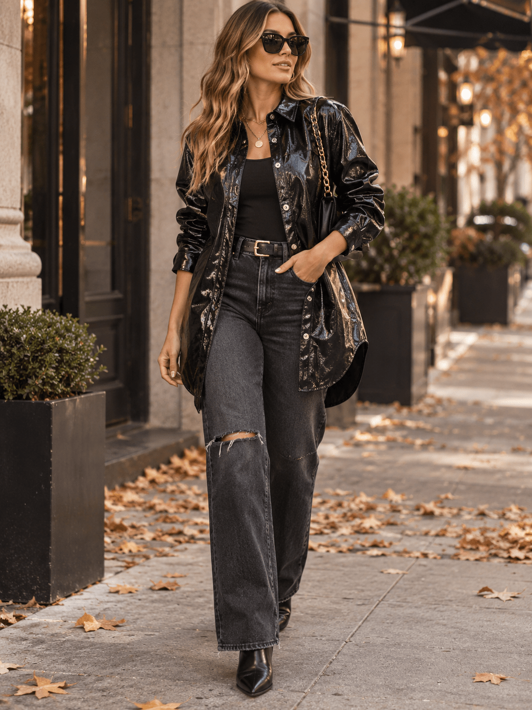 WOMEN'S LONG SLEEVES BUTTON CLOSURE FRONT POCKETS PU PLEATHER JACKET