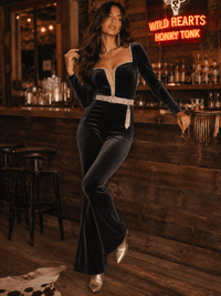 WOMEN'S LONG SLEEVE V-NECK VELVET RHINESTONES BELTED BELL LEG JUMPSUIT