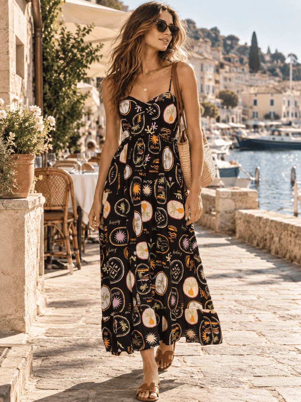 WOMEN'S SLEEVELESS V-NECK SMOCK MULTI PRINT MAXI DRESS