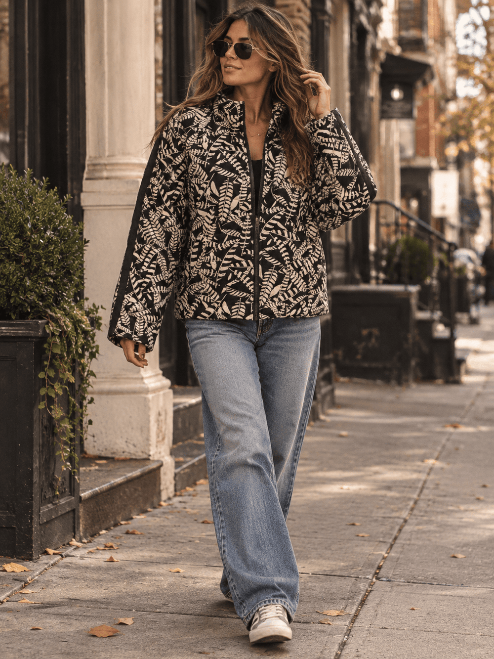 WOMEN'S LONG SLEEVE ZIP UP FRONT POCKET COLORBLOCK LEAF PRINT JACKET