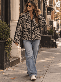 WOMEN'S LONG SLEEVE ZIP UP FRONT POCKET COLORBLOCK LEAF PRINT JACKET