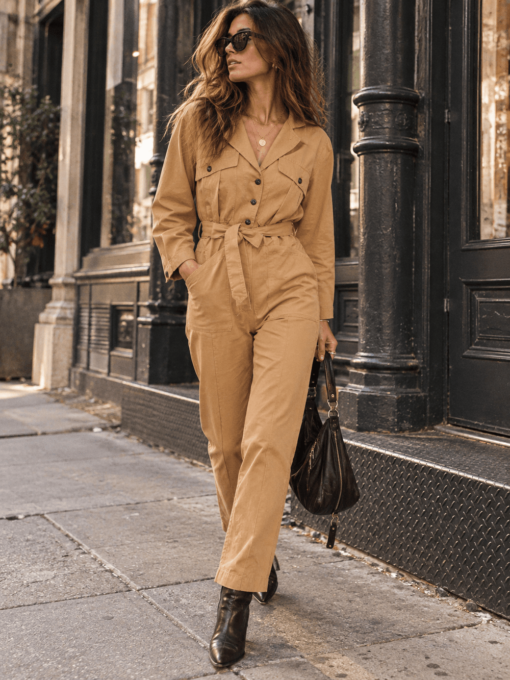 WOMEN'S LONG SLEEVE BUTTON UP SELF TIE POCKETS DENIM JUMPSUIT