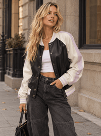 WOMEN'S LONG SLEEVE BUTTON UP FRONT POCKETS COLORBLOCK PU PLEATHER JACKET