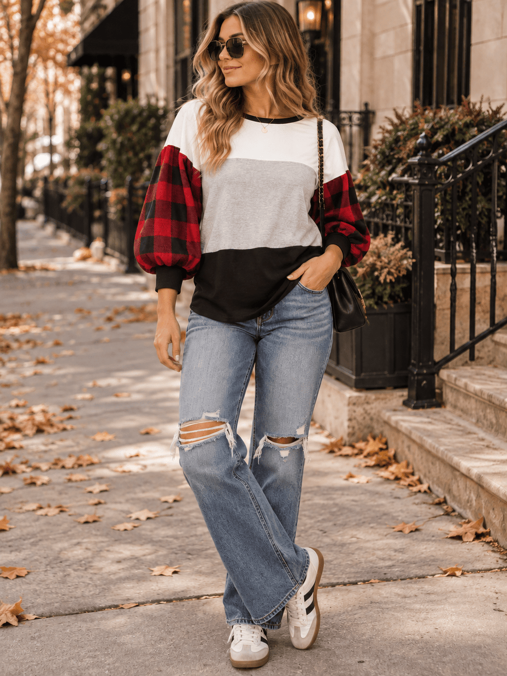 WOMEN'S 3/4 SLEEVE COLORBLOCK CONTRAST PLAID PRINT TOP