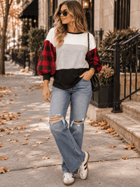 WOMEN'S 3/4 SLEEVE COLORBLOCK CONTRAST PLAID PRINT TOP