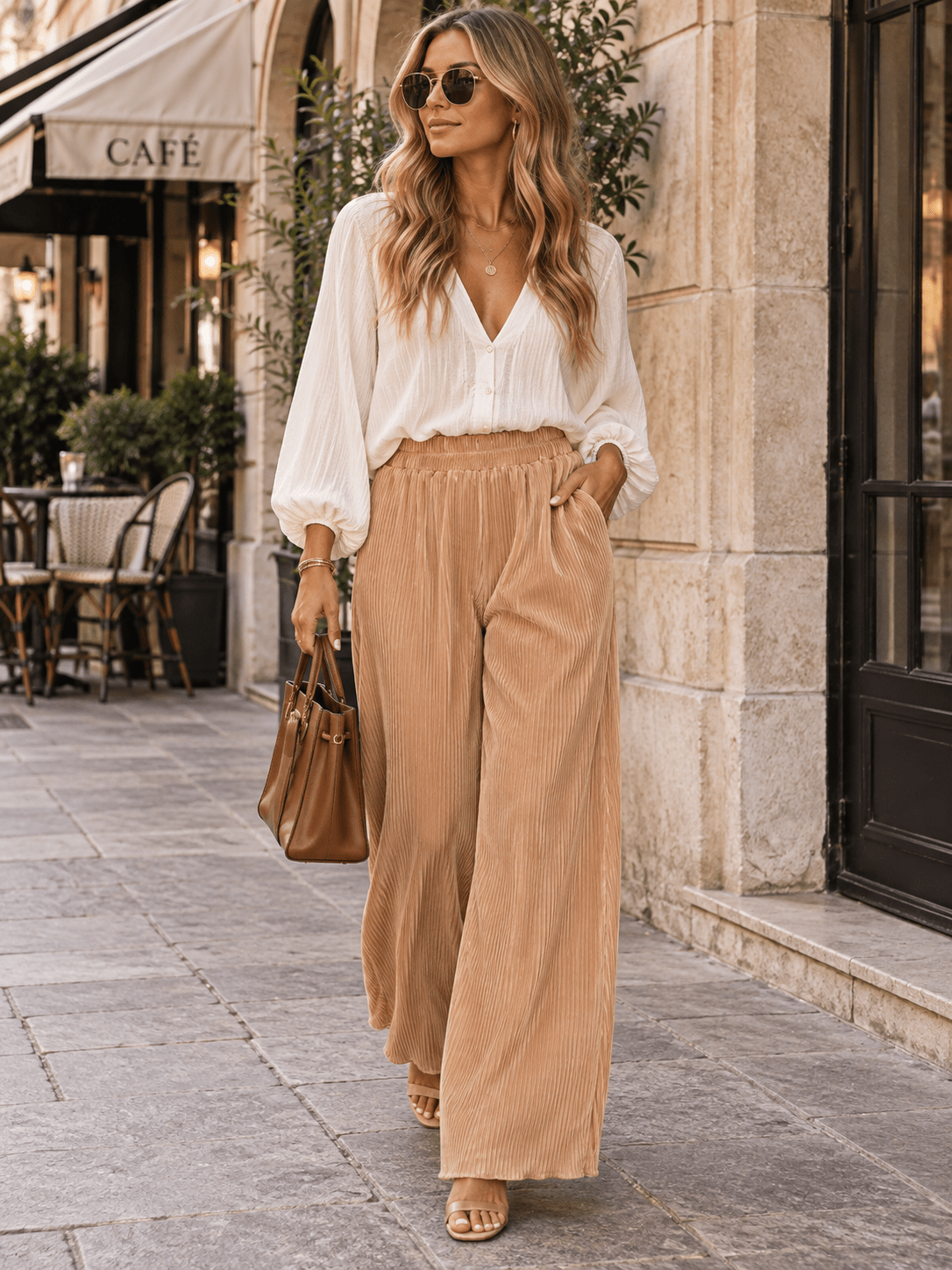 WOMEN'S ELASTIC WAIST FRONT POCKETS WIDE LEG PLEATED PANTS