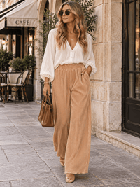 WOMEN'S ELASTIC WAIST FRONT POCKETS WIDE LEG PLEATED PANTS