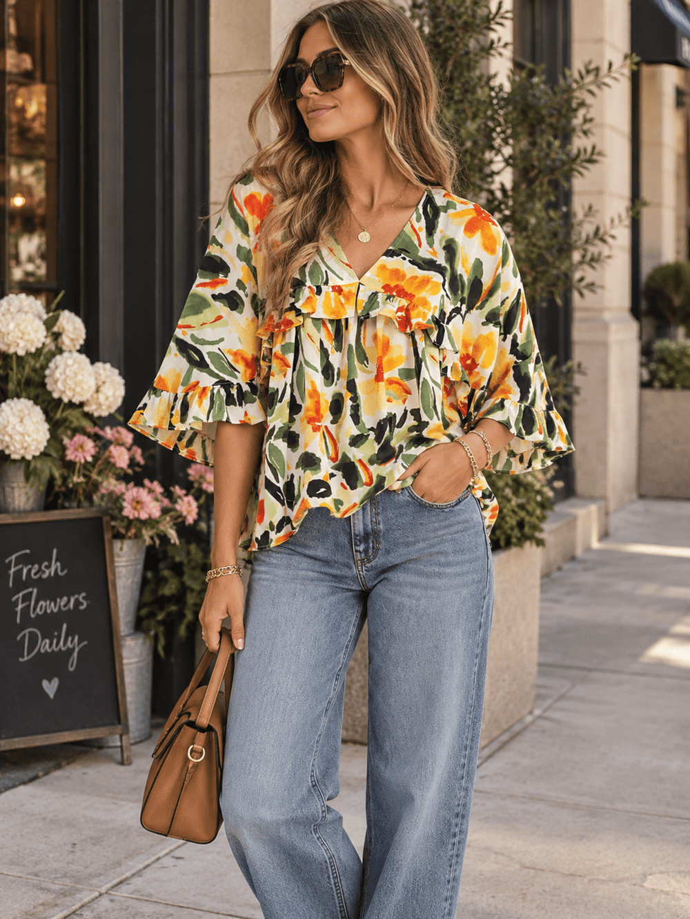 WOMEN'S 3/4 SLEEVE V-NECK TUNIC FLORAL PRINT BLOUSE