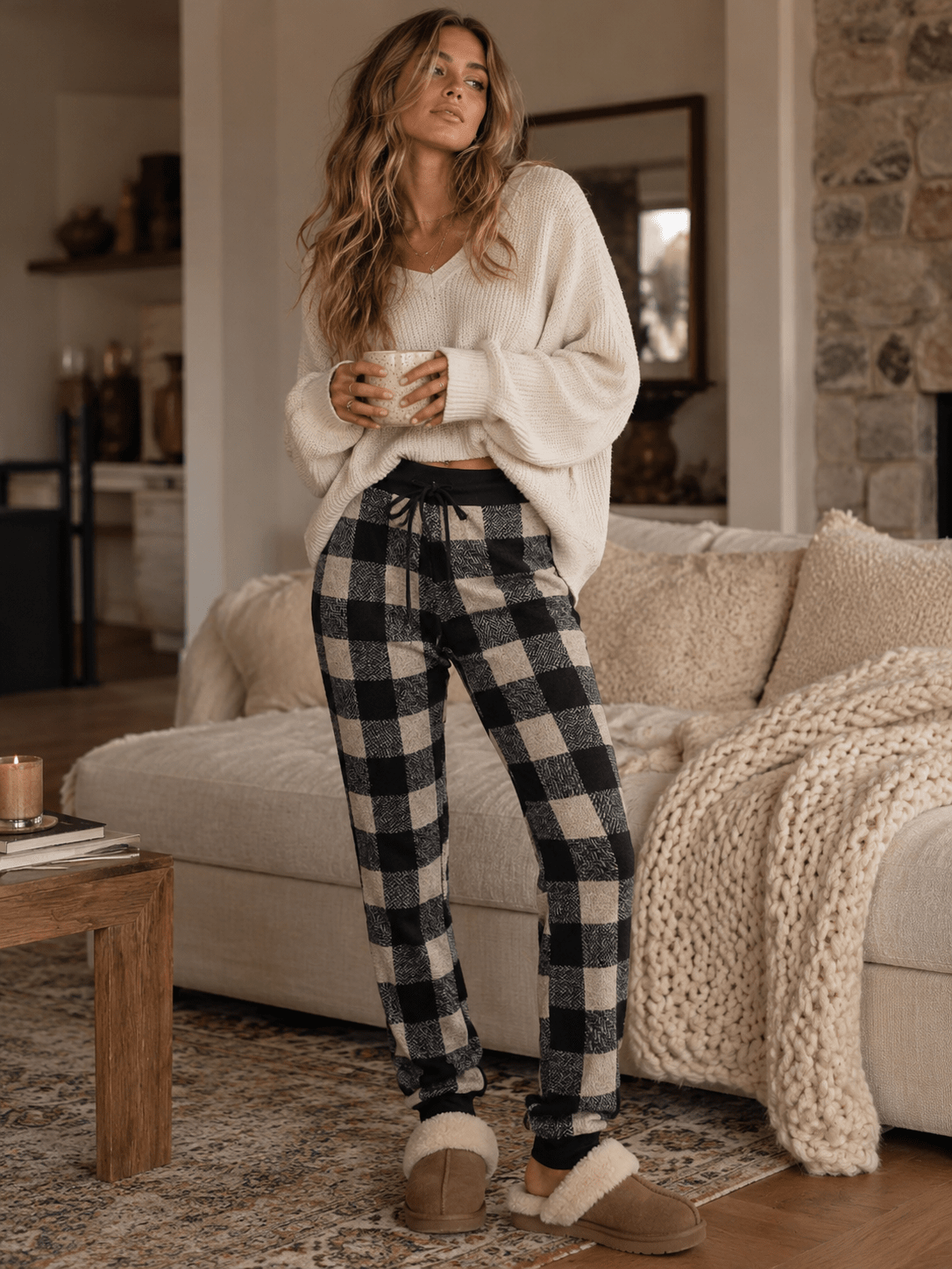 WOMEN'S ELASTIC WAIST SELF TIE PLAID JOGGER PANTS