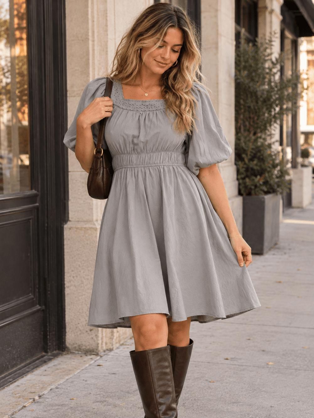 WOMEN'S SHORT PUFF SLEEVE FRONT POCKETS ELASTIC WAIST MINI DRESS