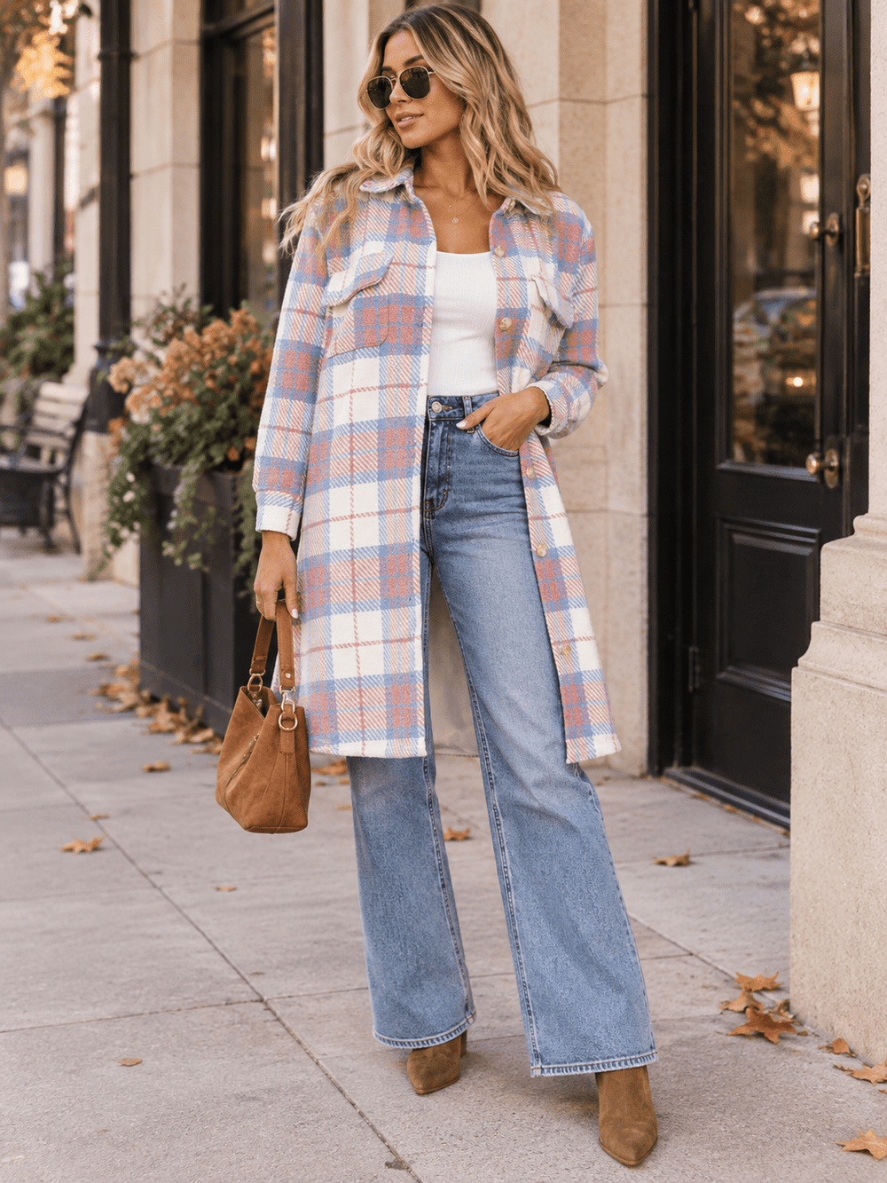 WOMEN'S LONG SLEEVE BUTTON UP FRONT POCKETS PLAID COAT