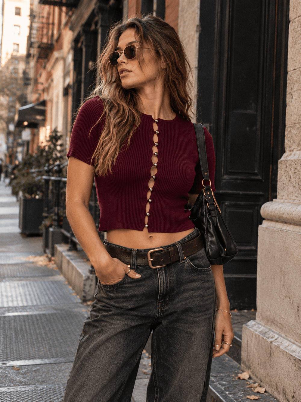 WOMEN'S SHORT SLEEVE BUTTON UP RIBBED CROP TOP