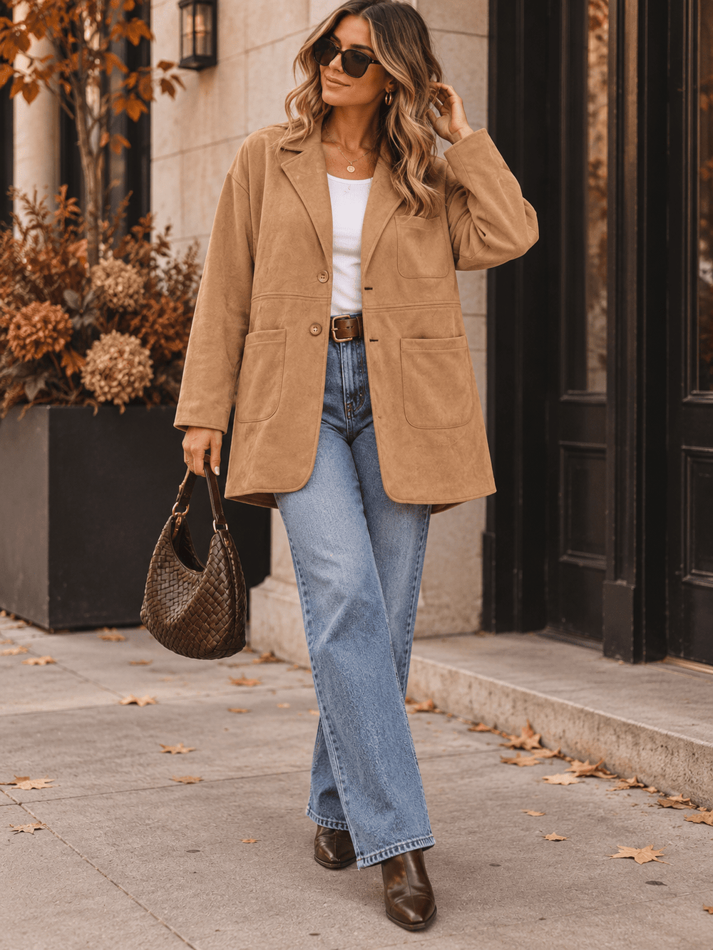 WOMEN'S LONG SLEEVE BUTTON UP FRONT POCKETS SUEDE COAT