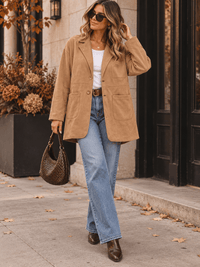 WOMEN'S LONG SLEEVE BUTTON UP FRONT POCKETS SUEDE COAT