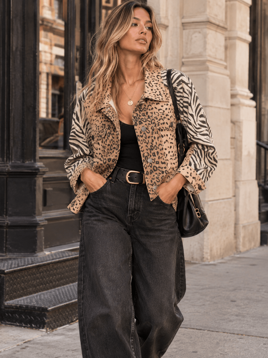 WOMEN'S LONG SLEEVE BUTTON UP FRONT POCKETS ANIMAL PRINT DENIM JACKET